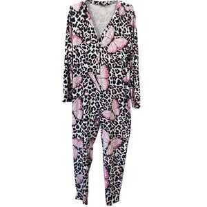 ChicMe 2XL Leopard Butterfly Pajama Jumpsuit Button Back Soft One-Piece